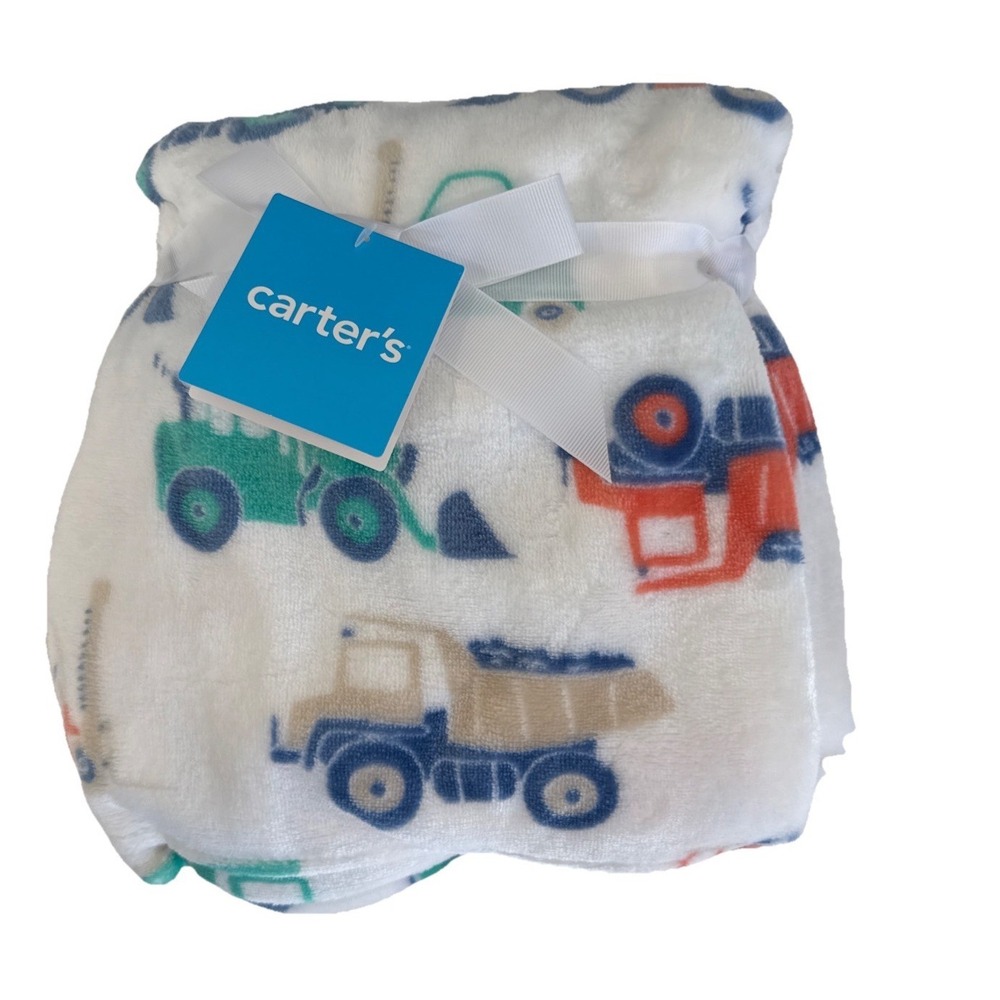 Carter's Baby Boy Blanket White Trucks Themed 30" x 40" Newborn Infant Gift NWT